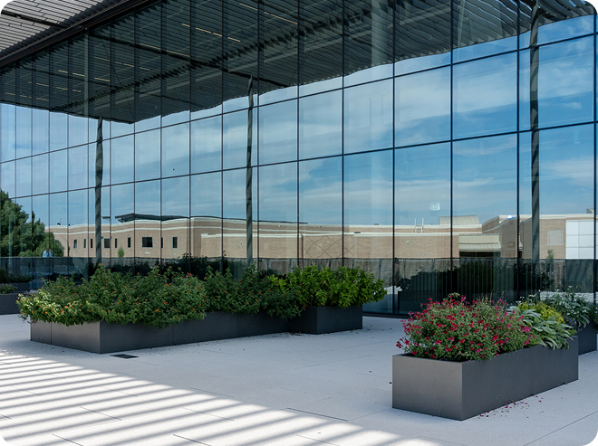 Sustainable commercial landscaping for a Dallas office park featuring drought-tolerant agave and manicured turf.